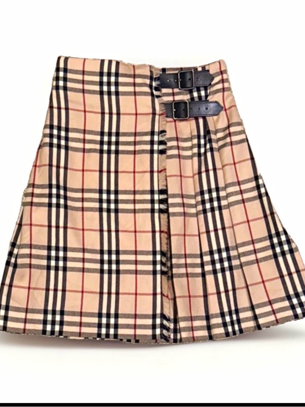 Burberry Beige Plaid Pleated Skirt with Black & Red Accents